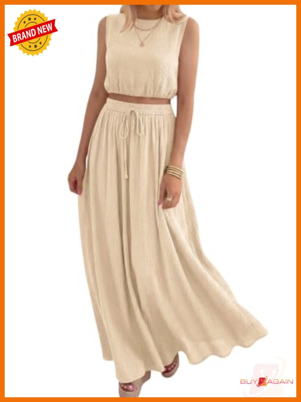 Cotton Sleeveless Crop Top Maxi Skirt Set with Pockets